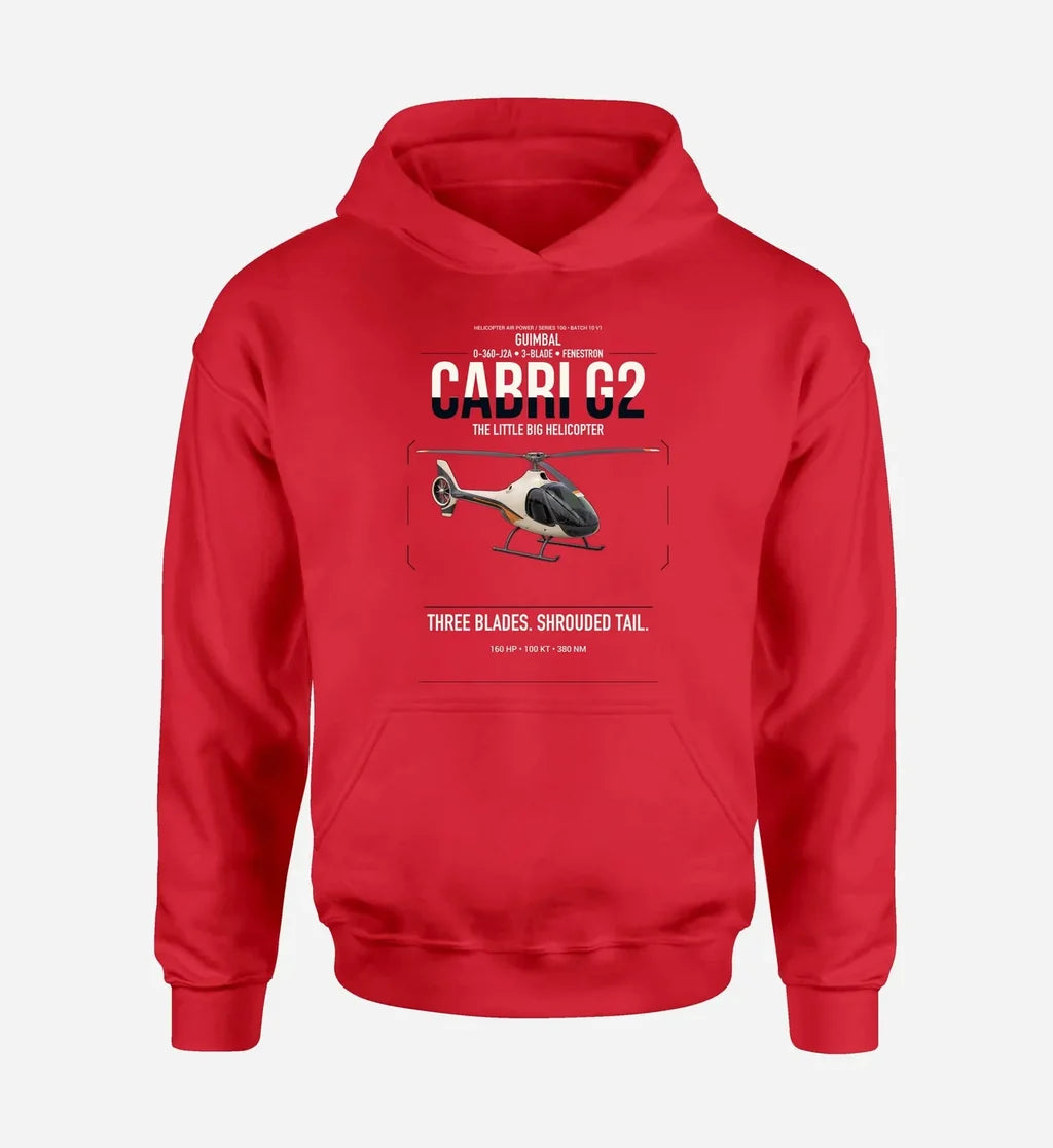Guimbal Cabri G2 design on red double-side hoodie, single-side print