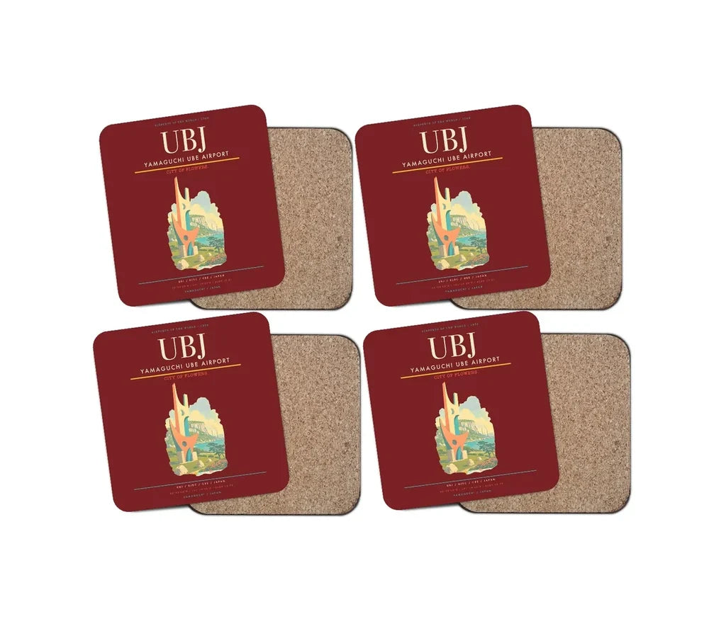 Yamaguchi Ube Airport (UBJ) design on dark red 4 pieces set coaster