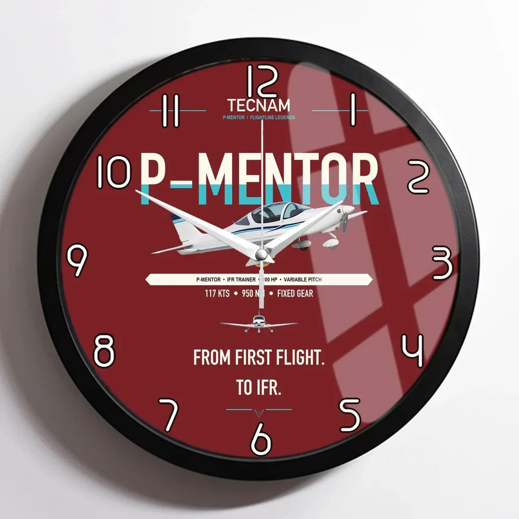 Tecnam P-Mentor design on dark red framed wall clock