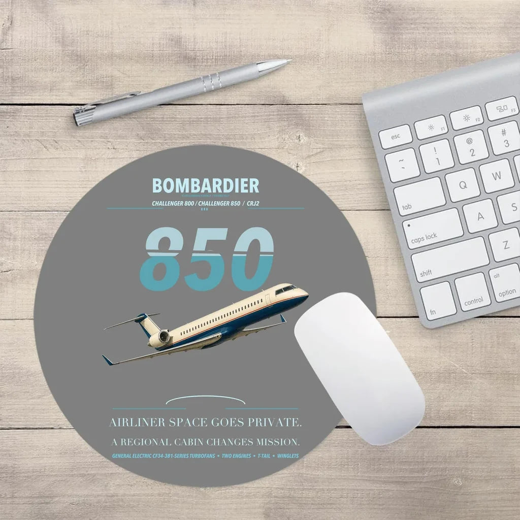 Bombardier Challenger 850 design on gray round mouse pad