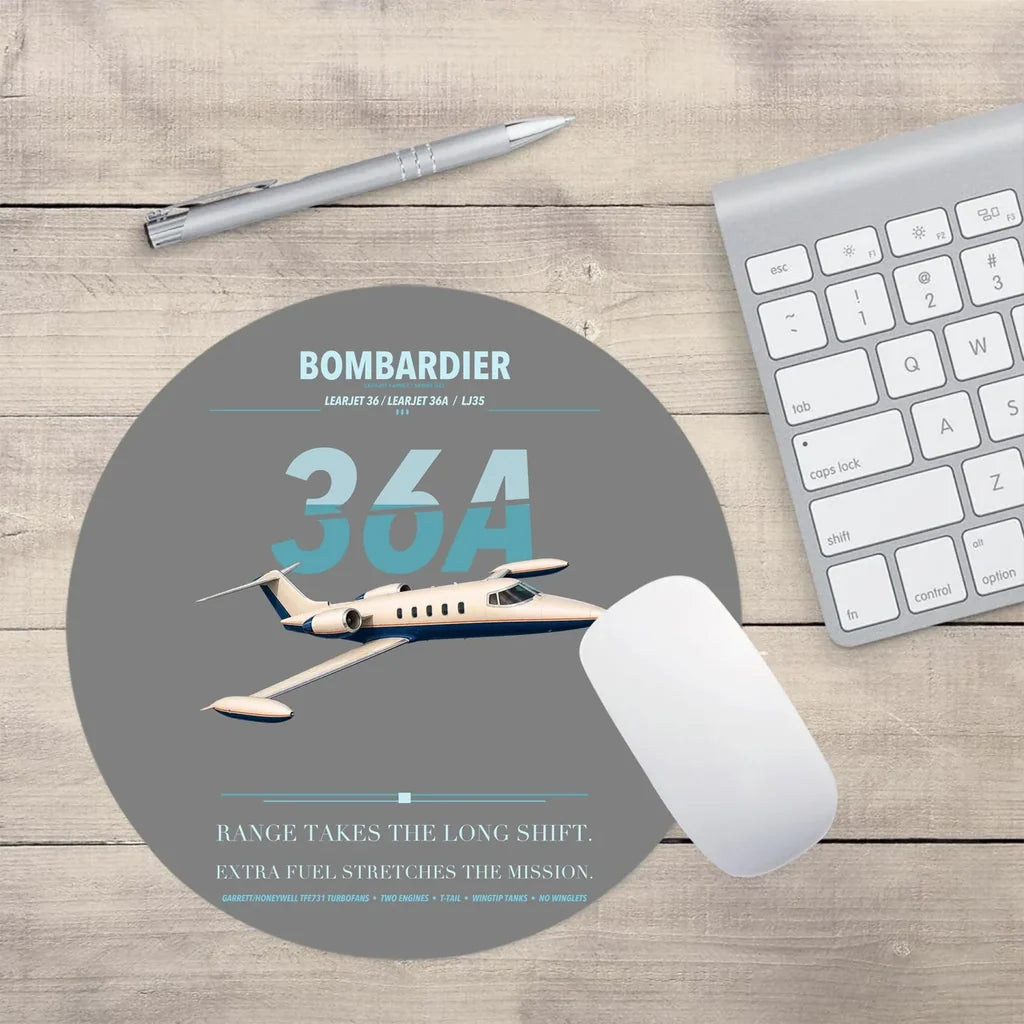 Bombardier Learjet 36A design on gray round mouse pad