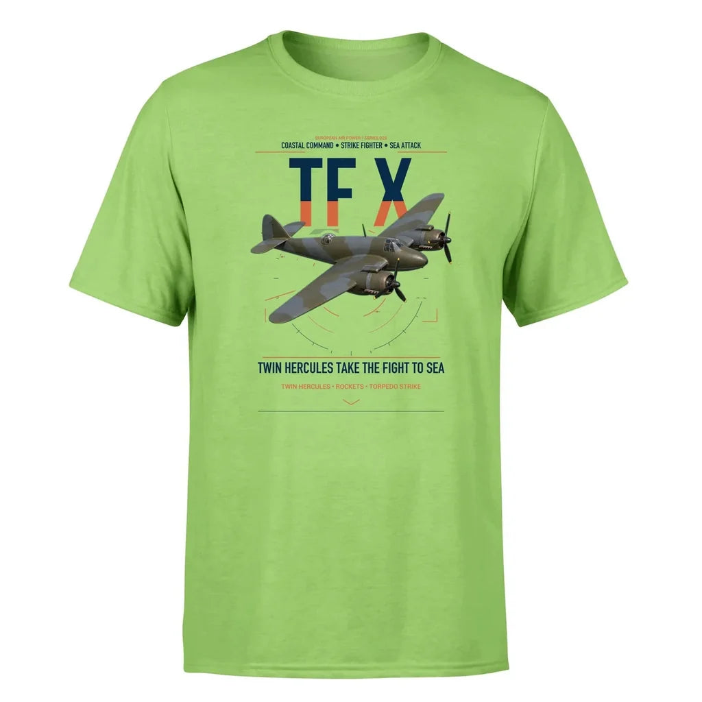 Bristol Beaufighter TF X design on light green t-shirt, single-side print