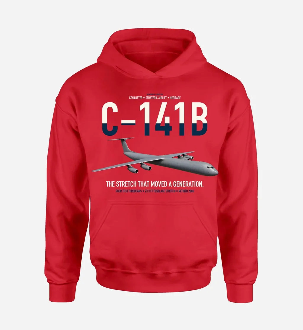 C-141B Starlifter design on red double-side hoodie, single-side print