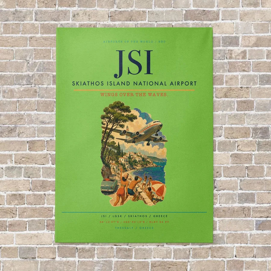 Skiathos Island National Airport JSI vertical canvas print - no frame - light green background