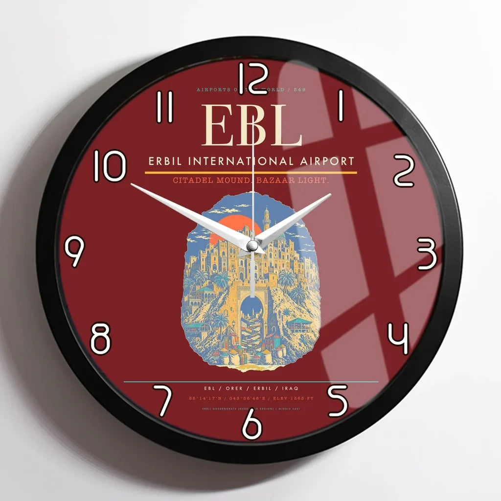 Erbil International Airport (EBL) design on dark red framed wall clock