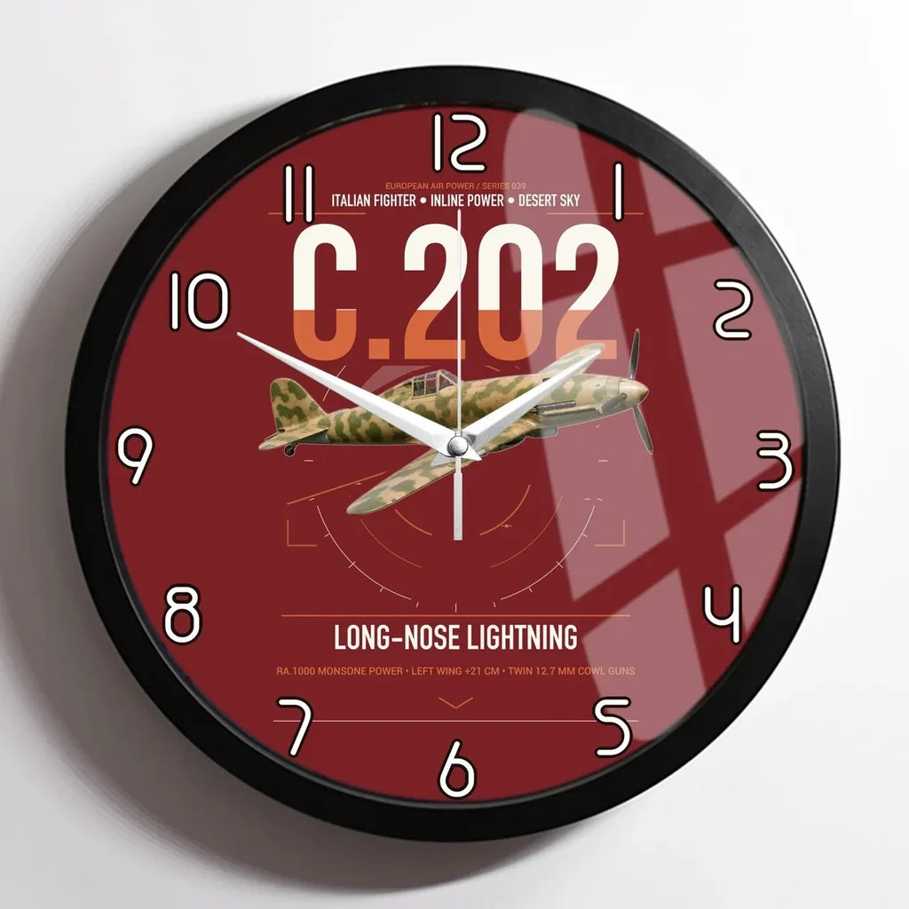 Macchi C.202 Folgore design on dark red framed wall clock