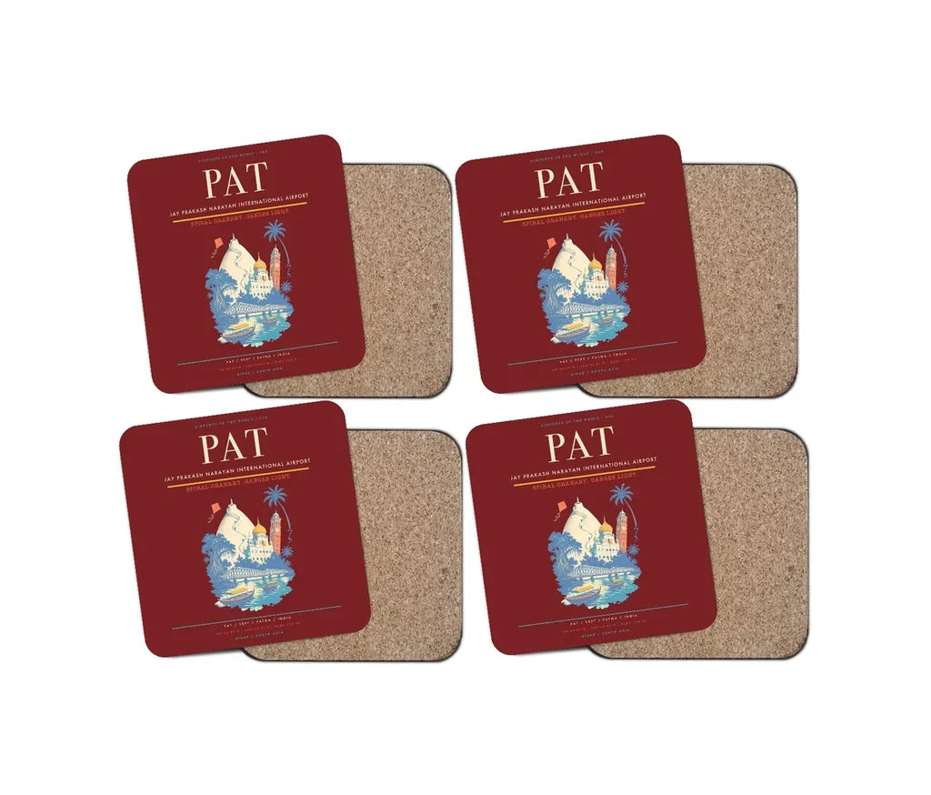 Jay Prakash Narayan International Airport (PAT) design on dark red 4 pieces set coaster