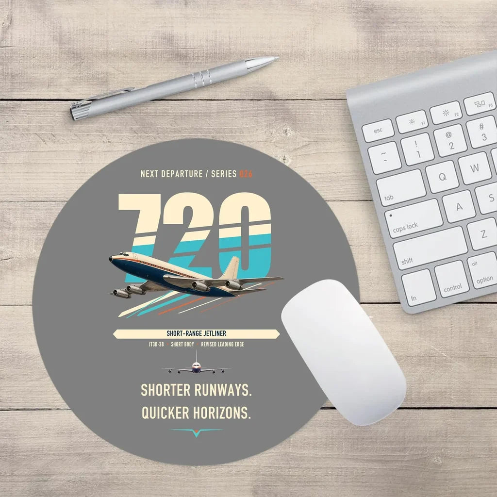 Boeing 720B design on gray round mouse pad