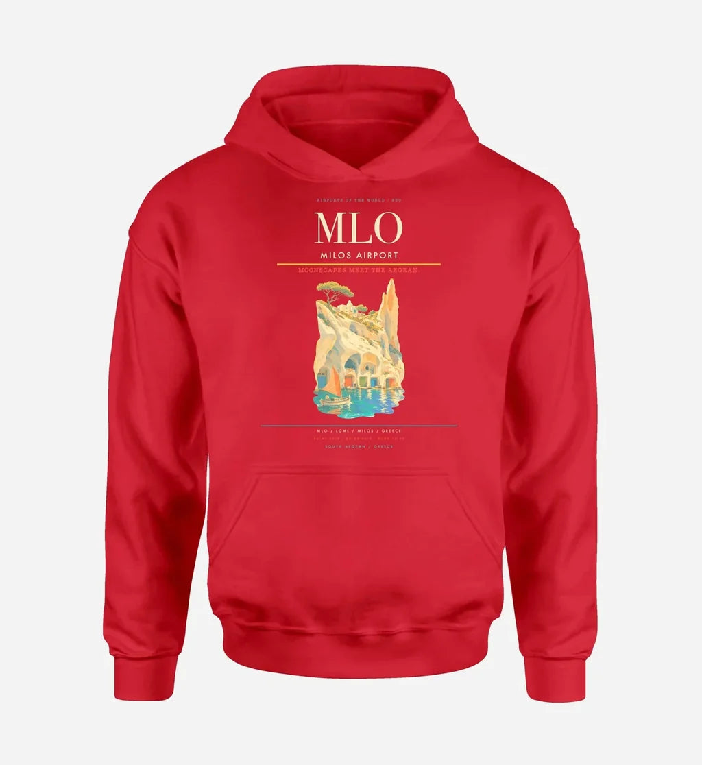 Milos Airport (MLO) design on red hoodie single-side print