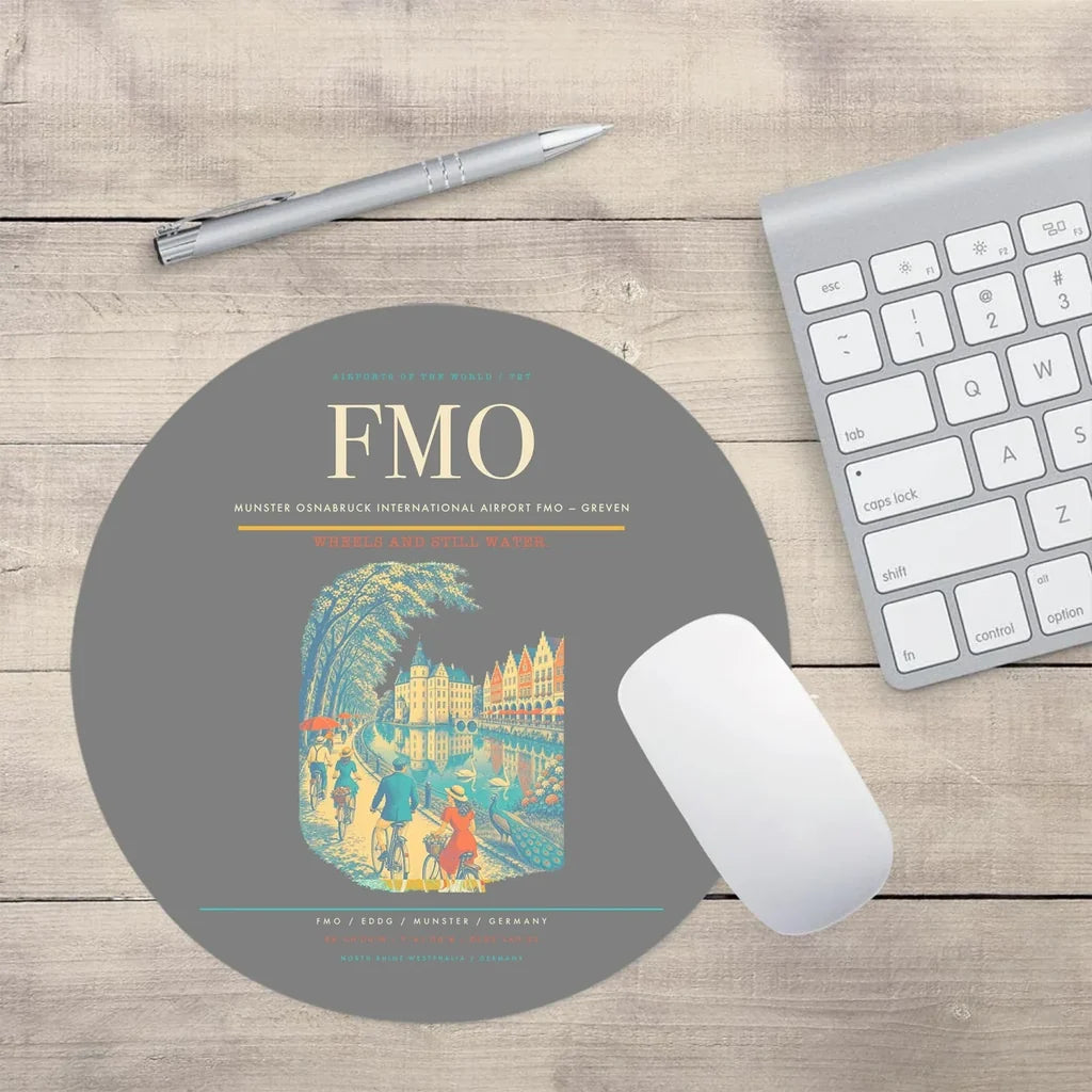 Munster Osnabruck International Airport (FMO) design on gray round mouse pad
