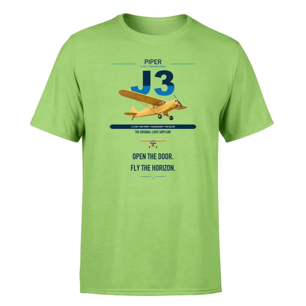 Piper J-3 Cub design on light green t-shirt, single-side print