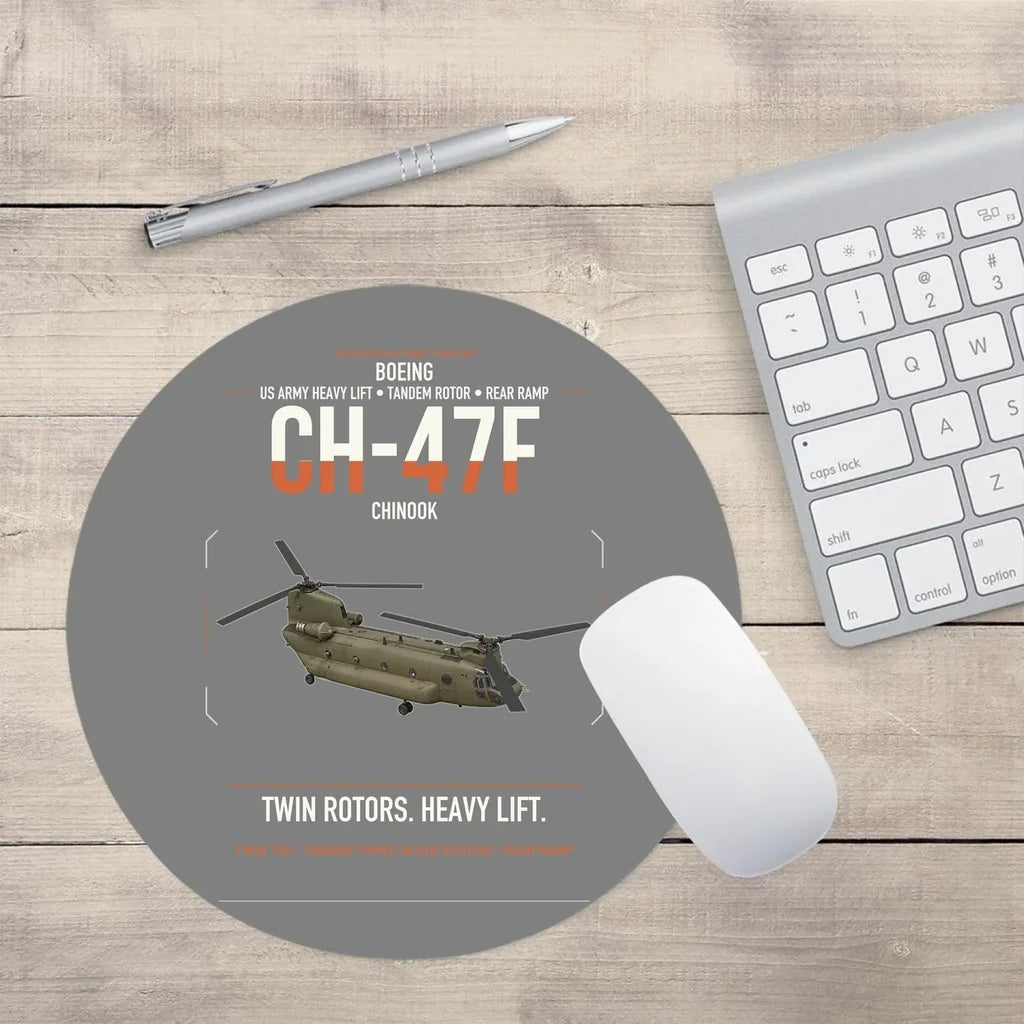 Boeing CH-47F Chinook design on gray round mouse pad