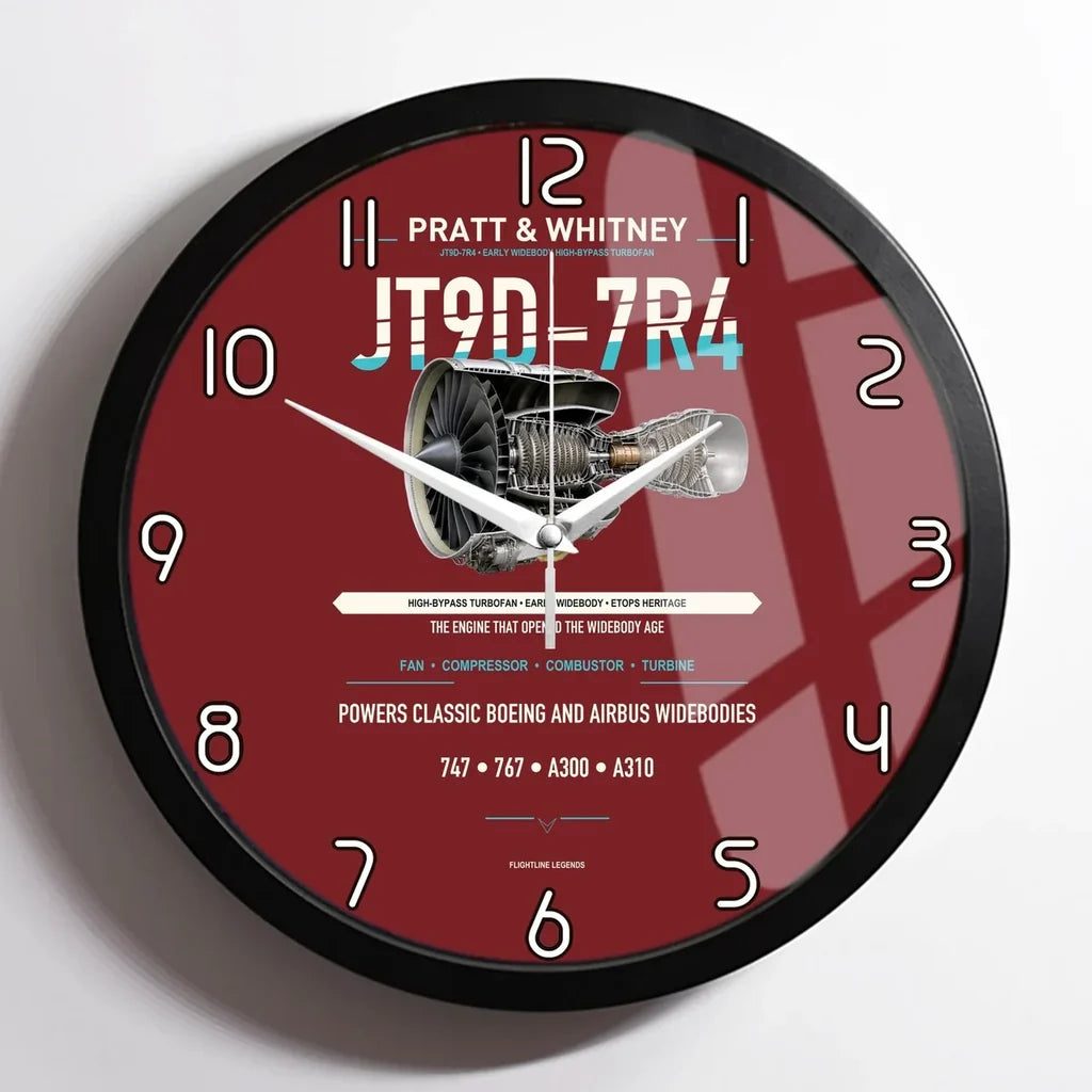 JT9D-7R4 design on dark red framed wall clock
