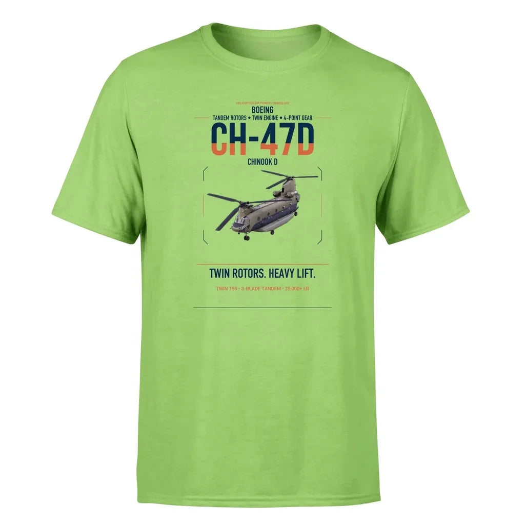 Boeing CH-47D design on light green t-shirt, single-side print