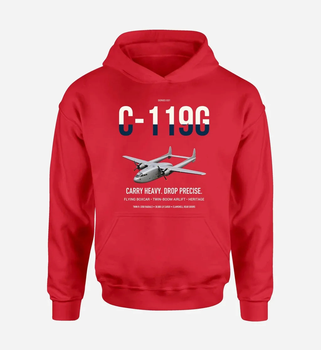 C-119G Flying Boxcar design on red double-side hoodie, single-side print