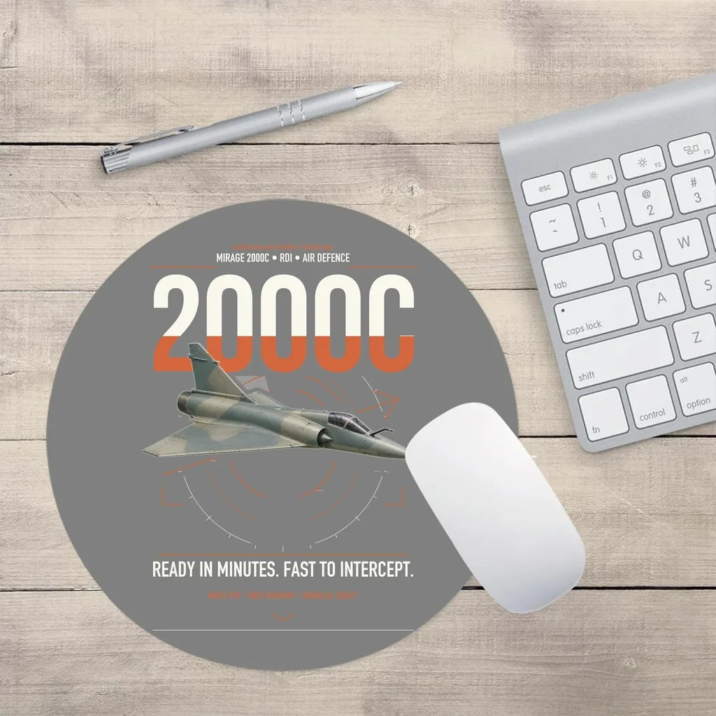 Dassault Mirage 2000C RDI design on gray round mouse pad