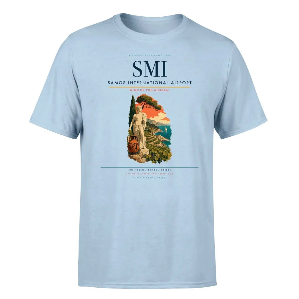 Samos International Airport (SMI) T-Shirt single-side front print in Light Blue | samos-international-airport-smi-double-side-t-shirt