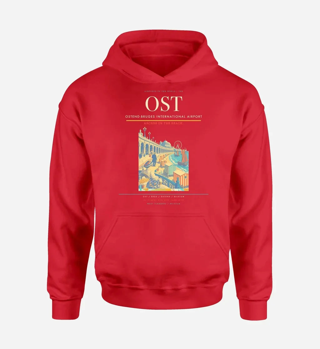Ostend-Bruges International Airport (OST) design on red hoodie single-side print