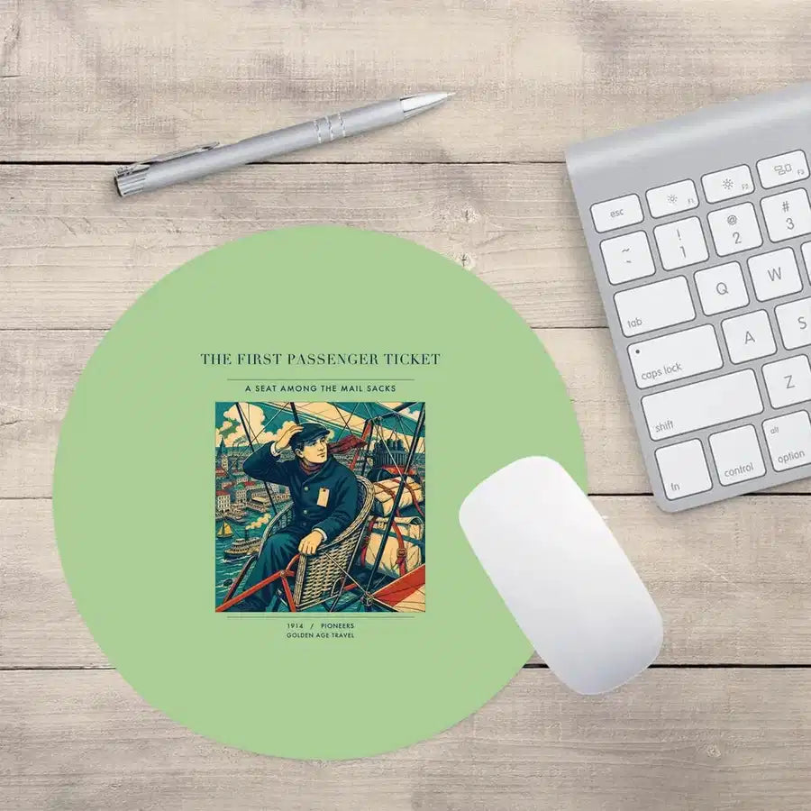 VINTAGE G4321 - The First Passenger Ticket - Designed Mouse Pads design on lightgreen round