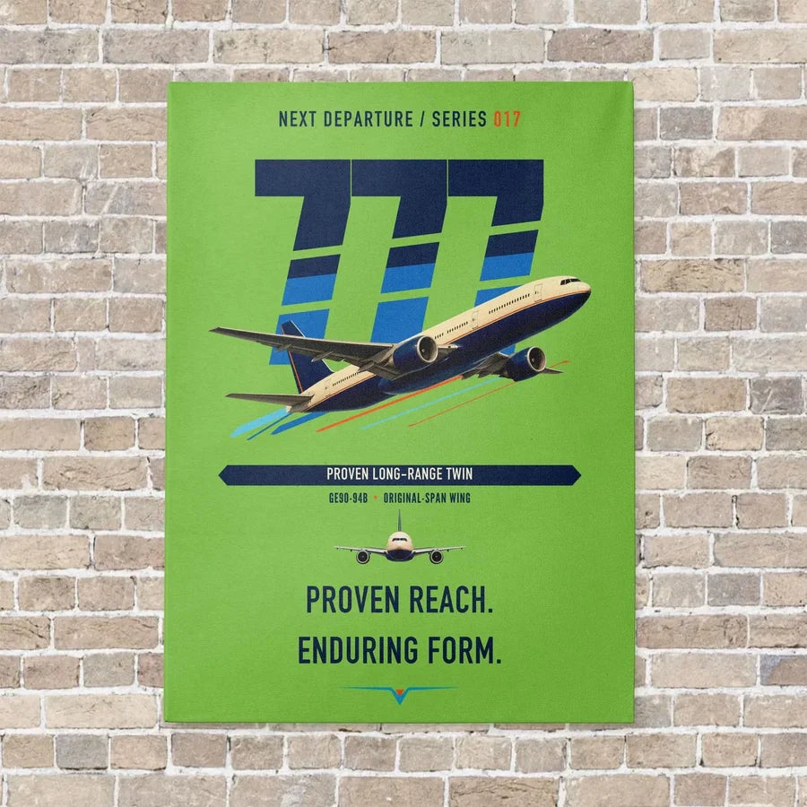 Boeing 777-200ER vertical canvas print - no frame - light green background