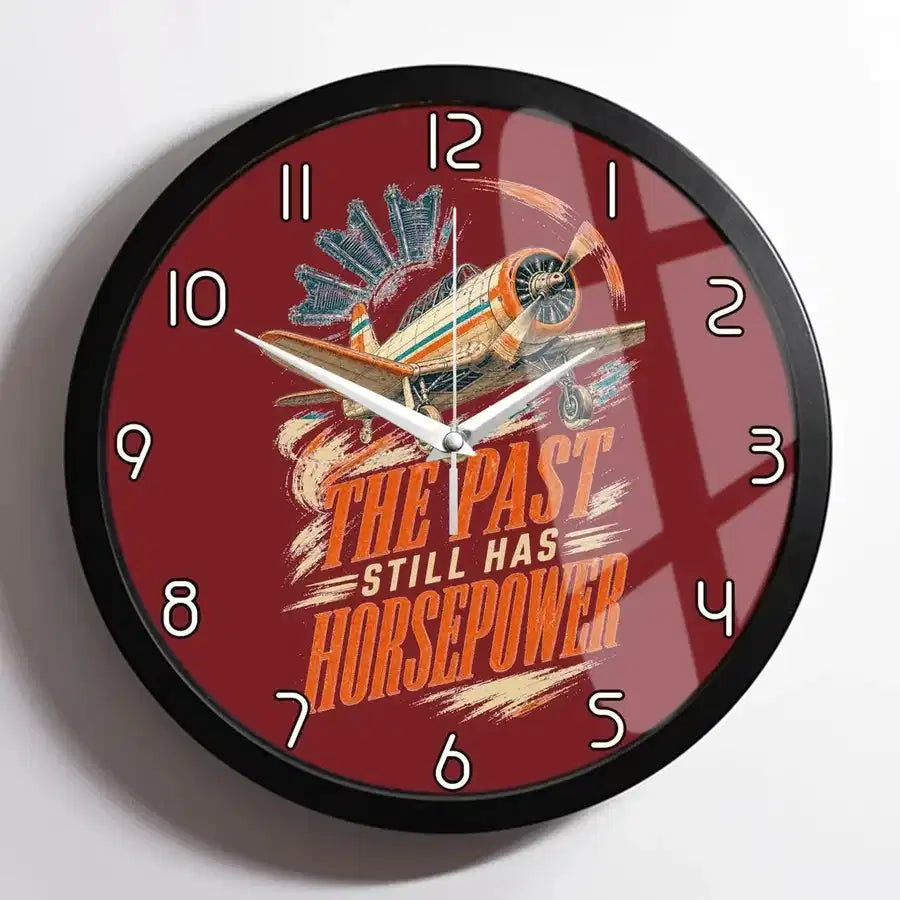 The Past Still Has Horsepower design on dark red framed wall clock