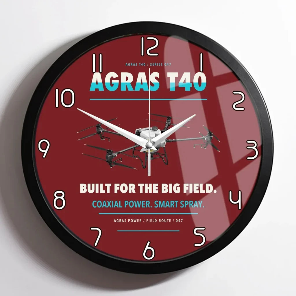 DJI Agras T40 design on dark red framed wall clock