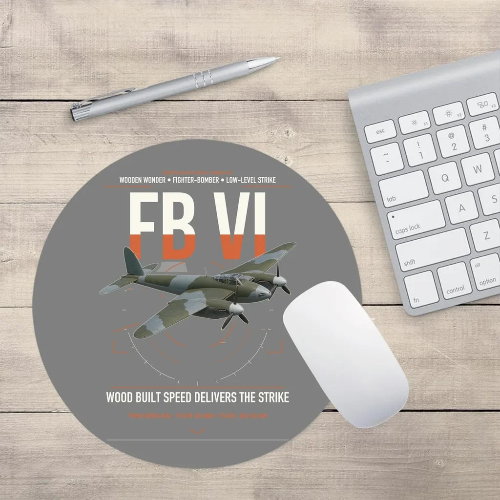 de Havilland Mosquito FB VI design on gray round mouse pad