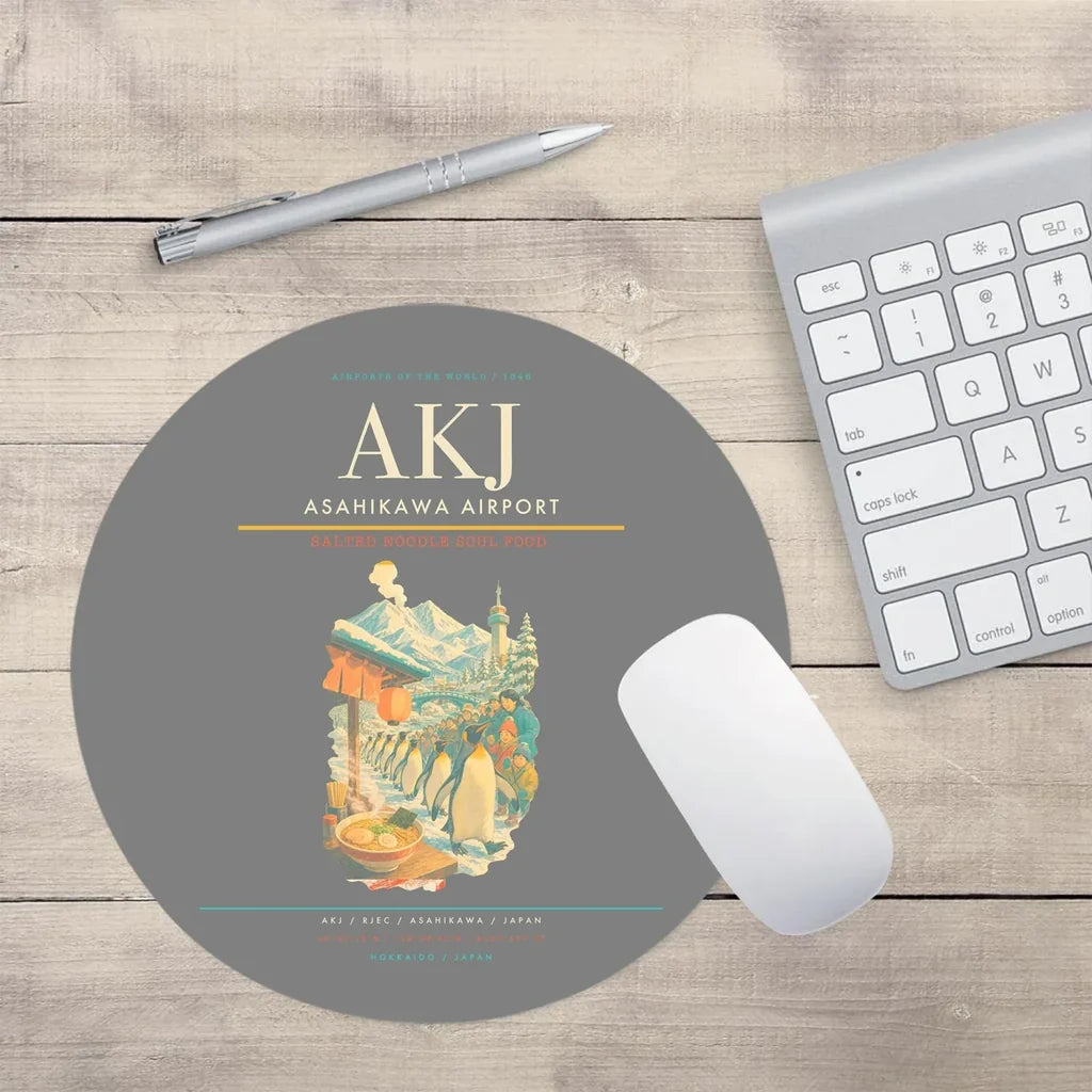 Asahikawa Airport (AKJ) design on gray round mouse pad