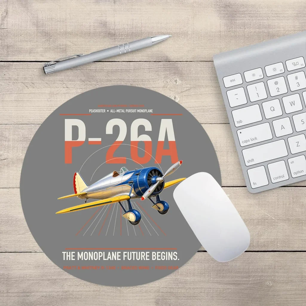 Boeing P-26A Peashooter design on gray round mouse pad