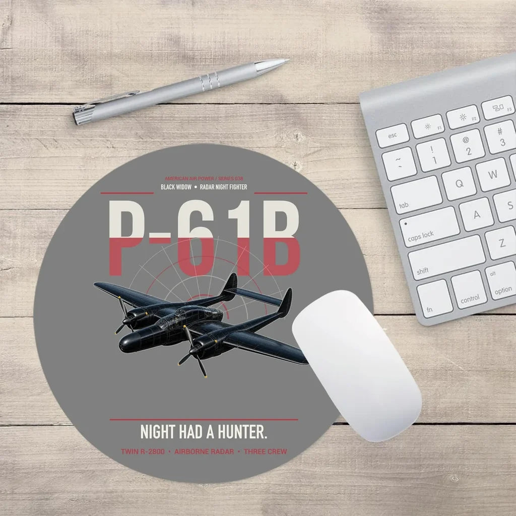 P-61B Black Widow design on gray round mouse pad