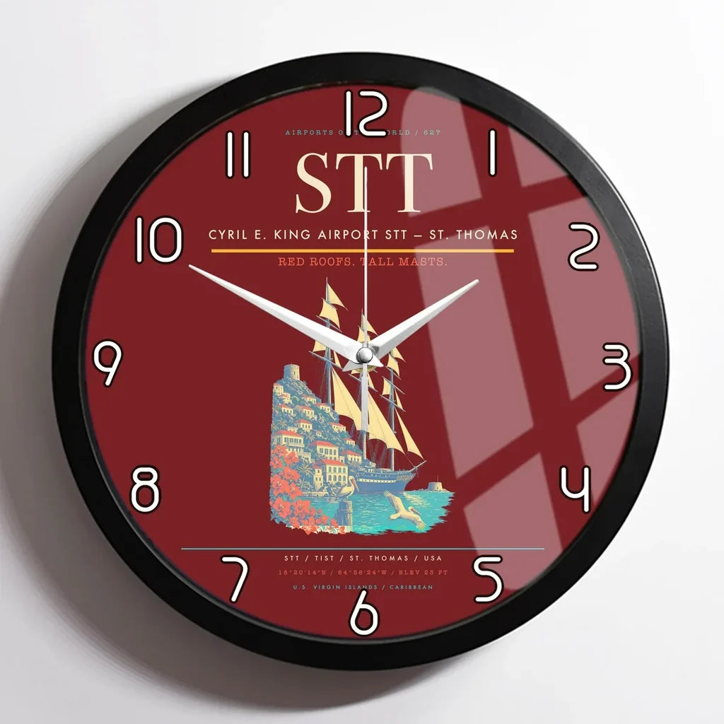 Cyril E. King Airport (STT) design on dark red framed wall clock