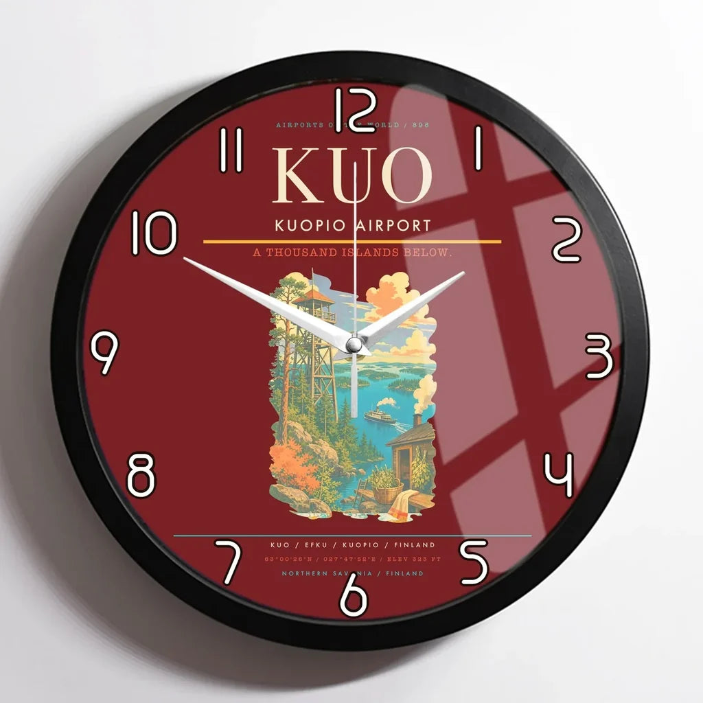 Kuopio Airport (KUO) design on dark red framed wall clock