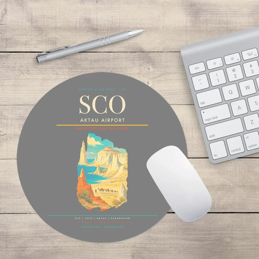 Aktau Airport (SCO) design on gray round mouse pad