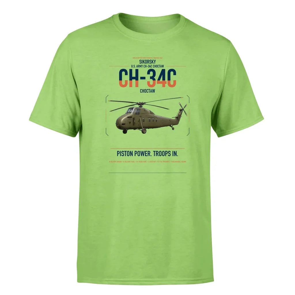Sikorsky CH-34C Choctaw design on light green t-shirt, single-side print