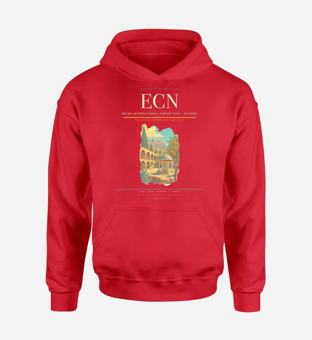 Ercan International Airport (ECN) design on red hoodie single-side print