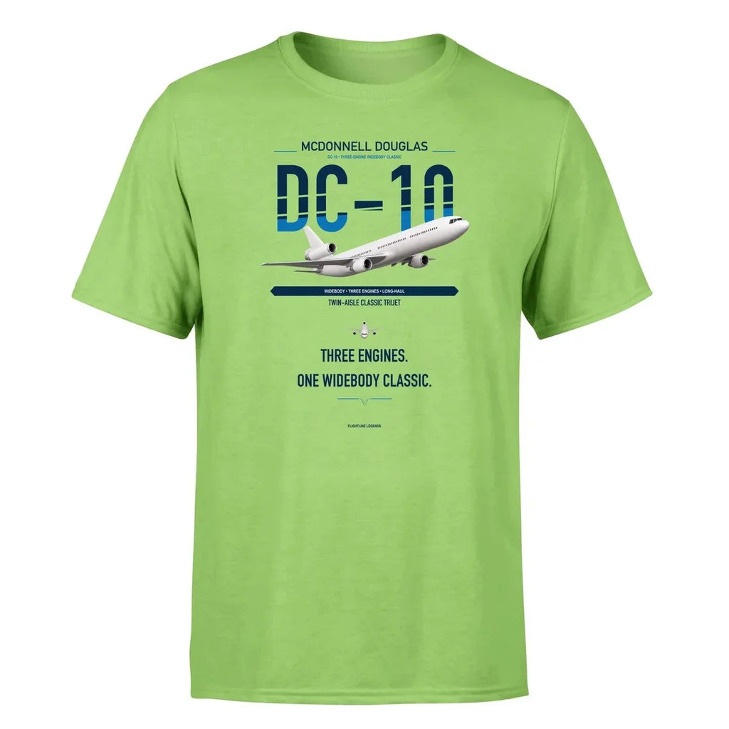 McDonnell Douglas DC-10 design on light green double-side t-shirt, single-side print