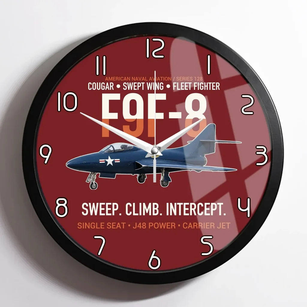 F9F-8 Cougar Swept Wing Carrier Fighter design on dark red framed wall clock