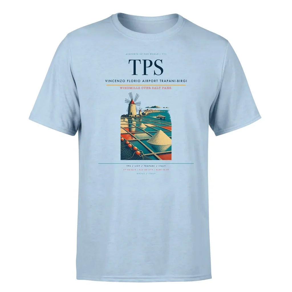Vincenzo Florio Airport Trapani-Birgi (TPS) T-Shirt single-side front print in Light Blue | vincenzo-florio-airport-trapani-birgi-tps-double-side-t-shirt