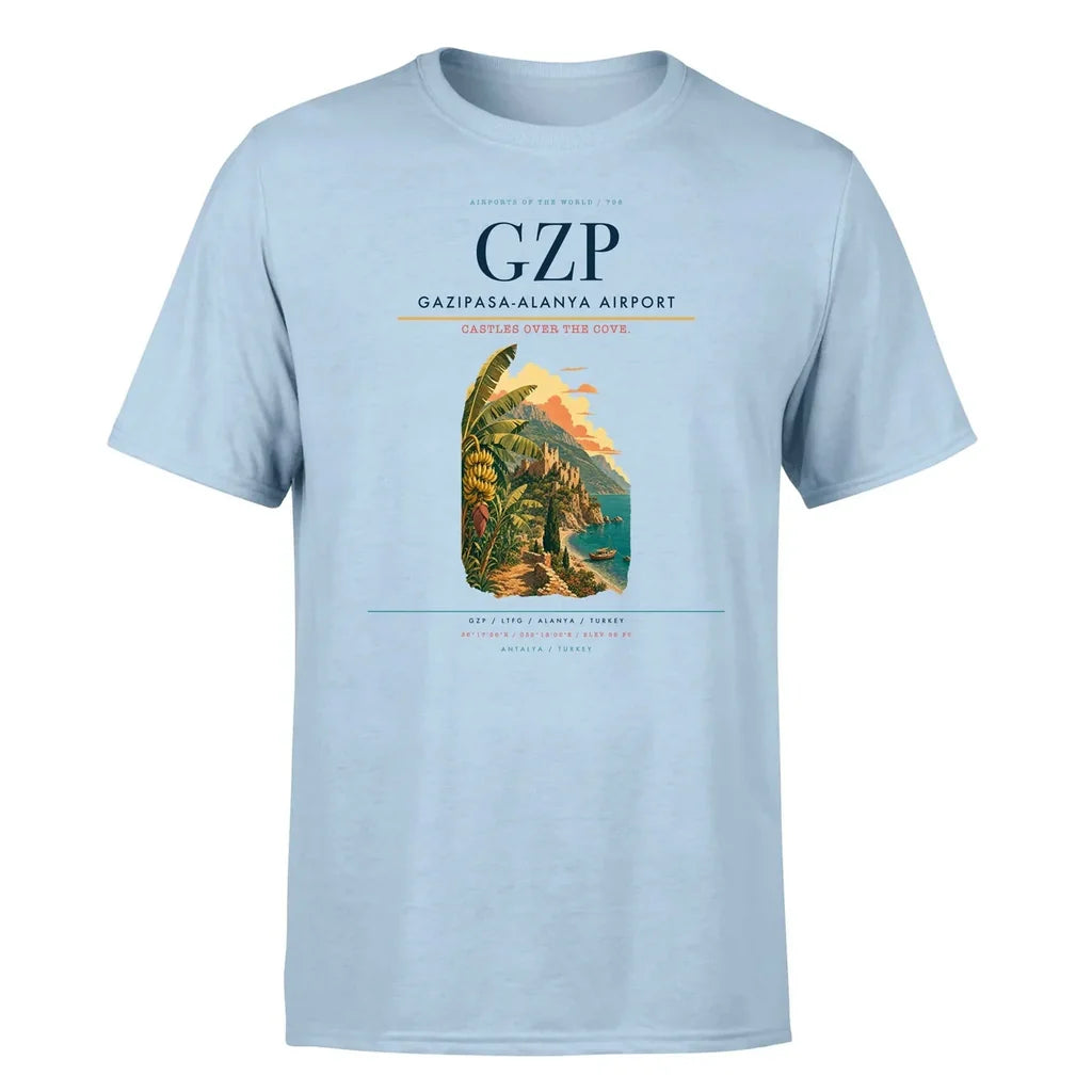 Gazipasa-Alanya Airport (GZP) T-Shirt single-side front print in Light Blue | gazipasa-alanya-airport-gzp-double-side-t-shirt
