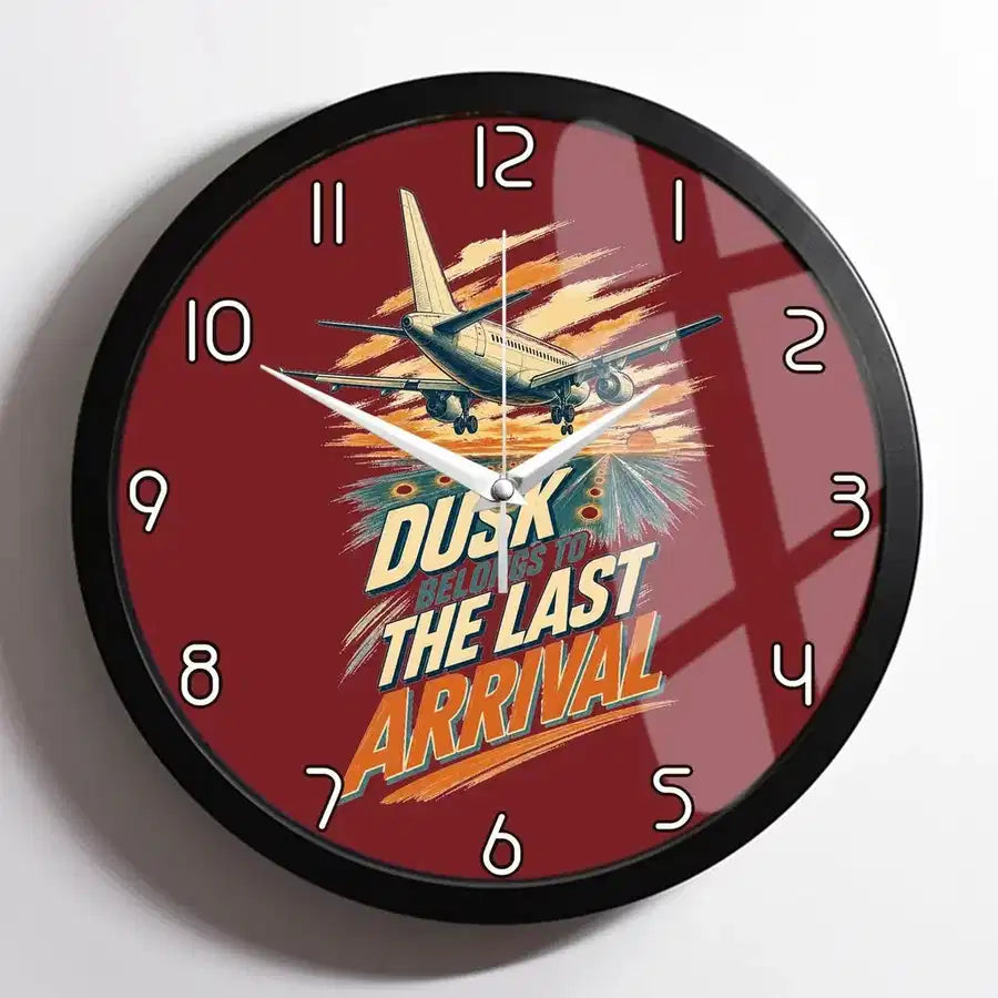 Dusk Belongs To The Last Arrival design on dark red framed wall clock