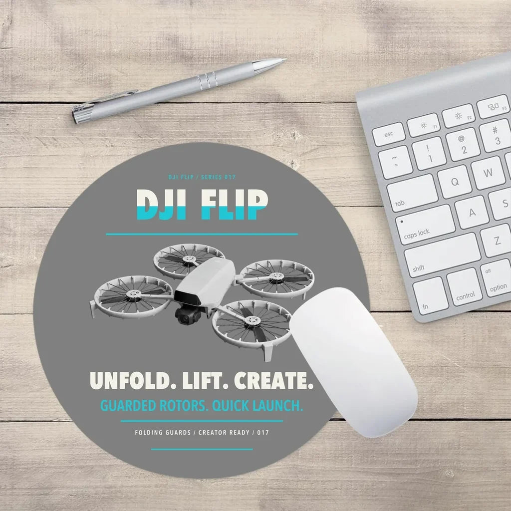 DJI Flip design on gray round mouse pad