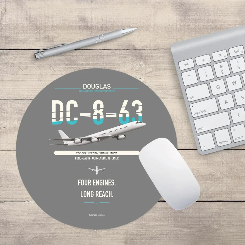 Douglas DC-8-63 design on gray round mouse pad