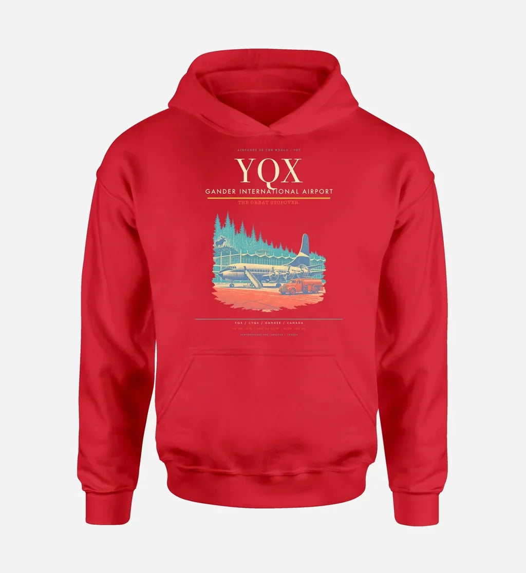 Gander International Airport (YQX) design on red hoodie single-side print