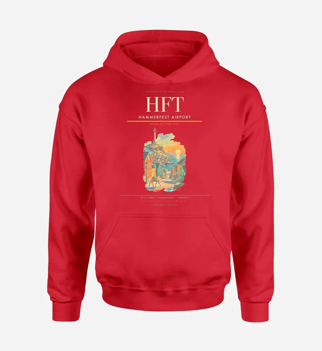 Hammerfest Airport (HFT) design on red hoodie single-side print