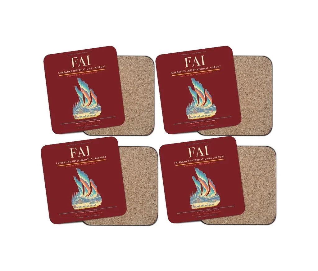 Fairbanks International Airport (FAI) design on dark red 4 pieces set coaster