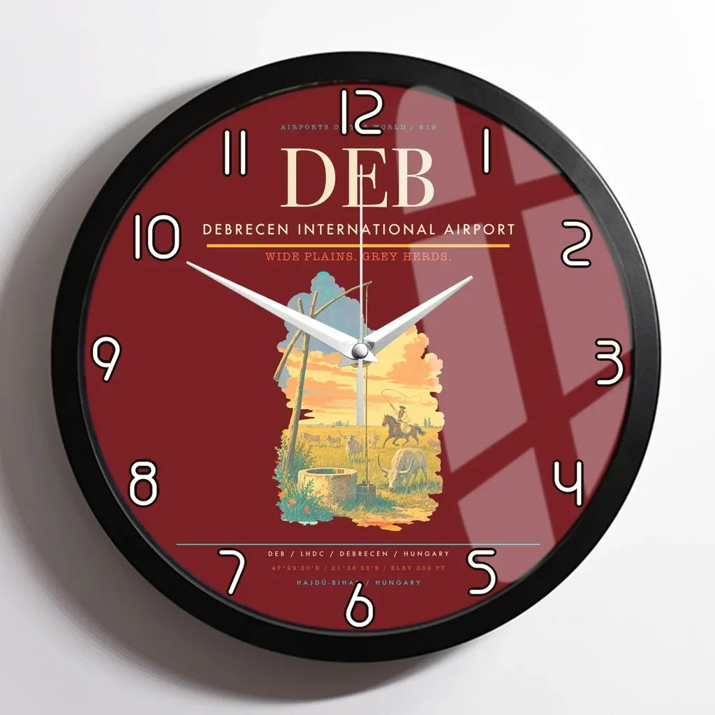 Debrecen International Airport (DEB) design on dark red framed wall clock