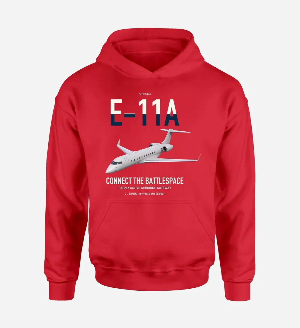 E-11A BACN design on red double-side hoodie, single-side print