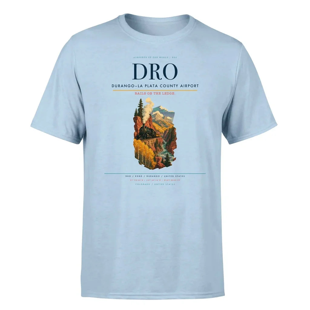 Durango–La Plata County Airport (DRO) T-Shirt single-side front print in Light Blue | durangola-plata-county-airport-dro-double-side-t-shirt