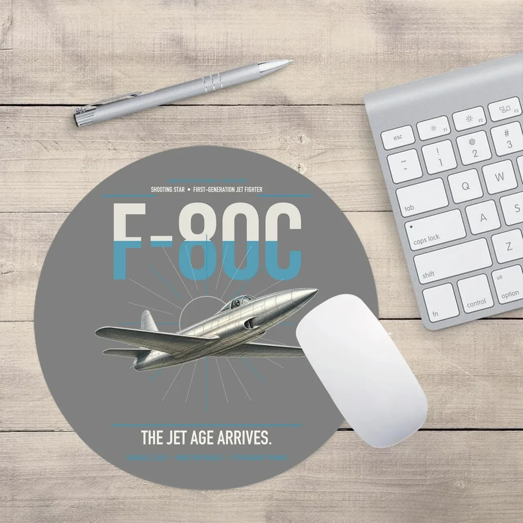 F-80C Shooting Star design on gray round mouse pad