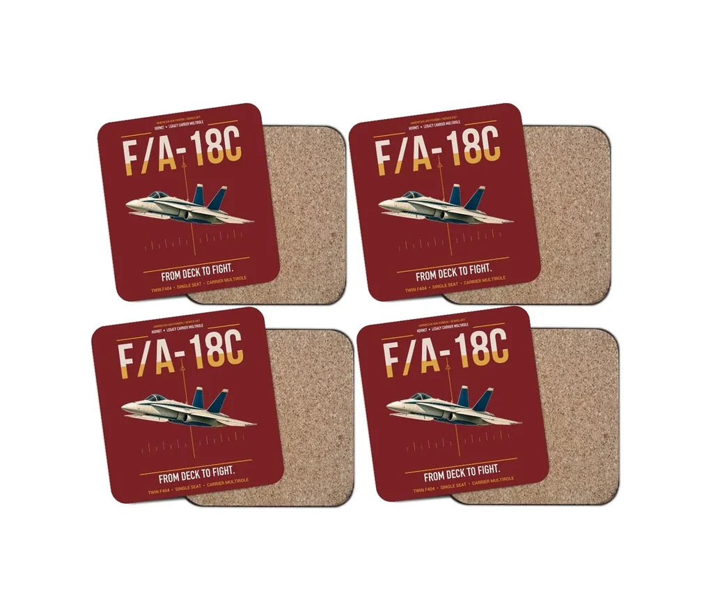 F-A-18C Hornet design on dark red 4 pieces set coaster
